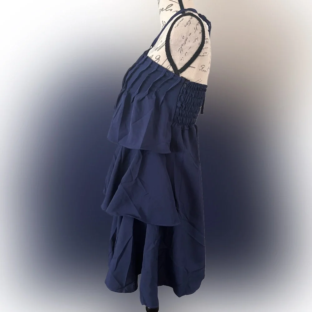 NWT Navy Blue Tiered Halter Mini Sundress Smocked Sz Small Tie Neck Bohemian - Picture 4 of 10